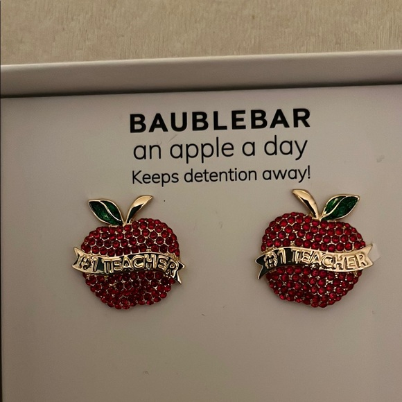 NIB BaubleBar Red and Green #1 Teacher Apple Earrings Rhinestones - Picture 3 of 4